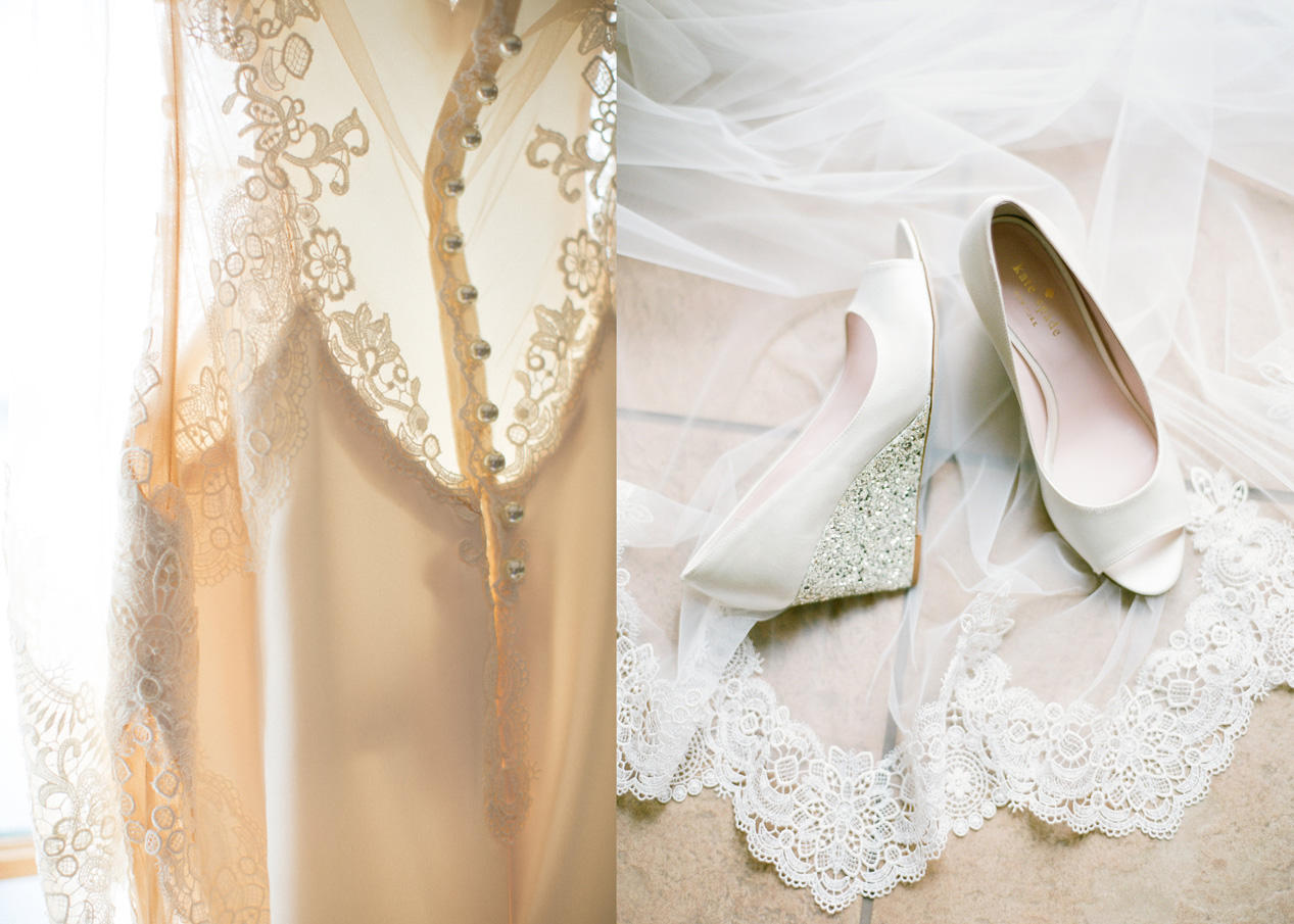 Wedding gown, veil, and shoes