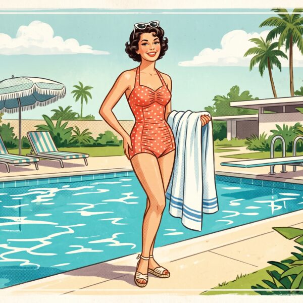 Blog 11 A retro illustration demonstrating how do you clean a bathing suit properly by rinsing and air drying