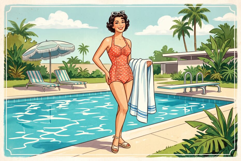 How to Clean Your Bathing Suit: A Dry Cleaners Guide 2 A retro illustration demonstrating how do you clean a bathing suit properly by rinsing and air drying