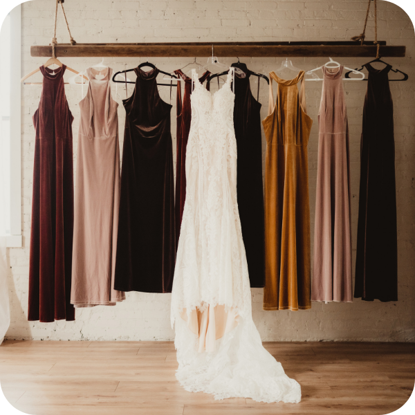 Treasured Garment Care 2 Wedding gown hanging among bridesmaid gowns