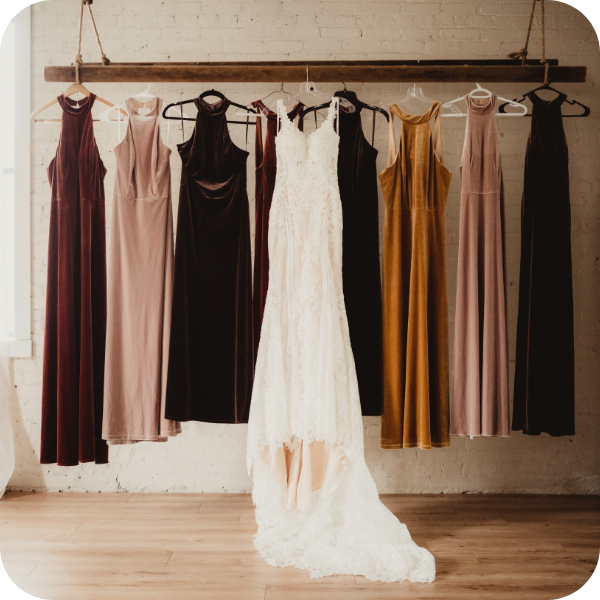 Wedding gown hanging among bridesmaid gowns