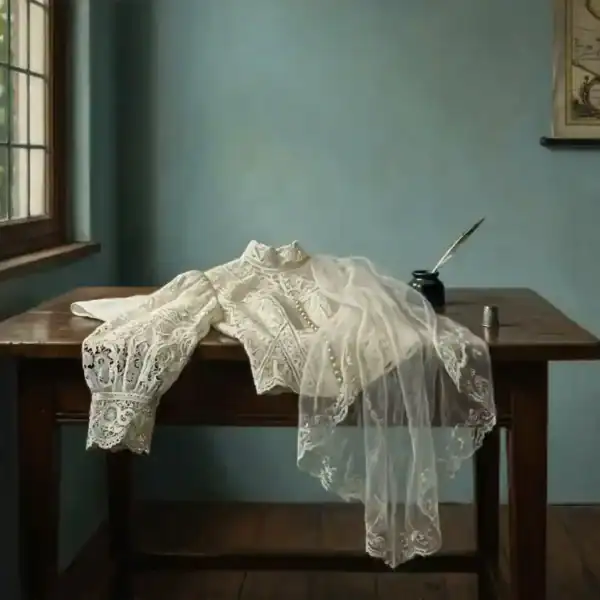 Blog 2 A Dutch Golden Age style painting of antique wedding dress lace in soft window light, representing heirloom restoration.