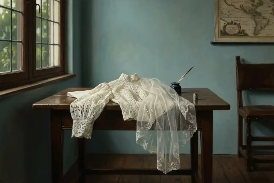 Can a Yellowed or Stained Old Wedding Dress Be Restored? 1 A Dutch Golden Age style painting of antique wedding dress lace in soft window light, representing heirloom restoration.