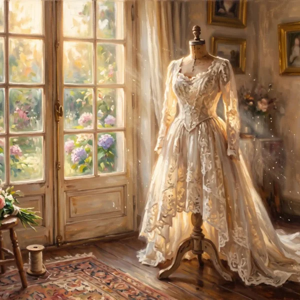 Blog 2 An Impressionist painting of a vintage heirloom wedding gown on a dress form in soft window light, awaiting cleaning and restoration.
