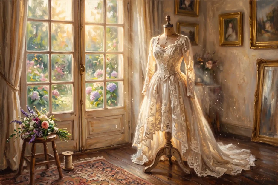 Can a vintage or heirloom wedding gown be cleaned and restored? 1 An Impressionist painting of a vintage heirloom wedding gown on a dress form in soft window light, awaiting cleaning and restoration.