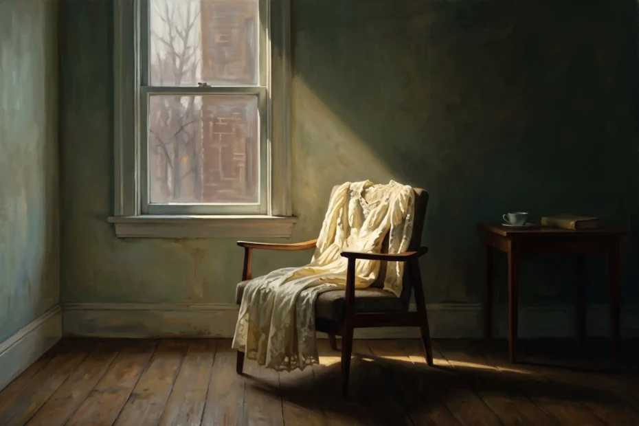 Can a Yellowed or Stained Old Wedding Dress Be Restored? 1 A nostalgic painting of an antique wedding dress in strong light and shadow, illustrating the beauty of vintage garment restoration.