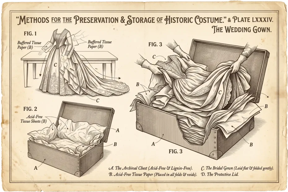 Is it better to box or hang a wedding dress for preservation? 1 A vintage scientific illustration comparing whether to box or hang a wedding dress for preservation.