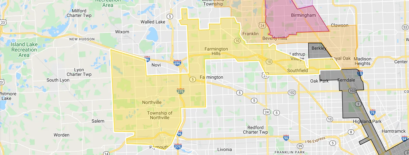 Map of the Northville, Novi, Plymouth and Farmington Hills pickup and delivery service area